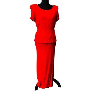 Miss Dorby Vintage Red Dress Shoulder Pads‎ Waist Tie 80s V Neck Long